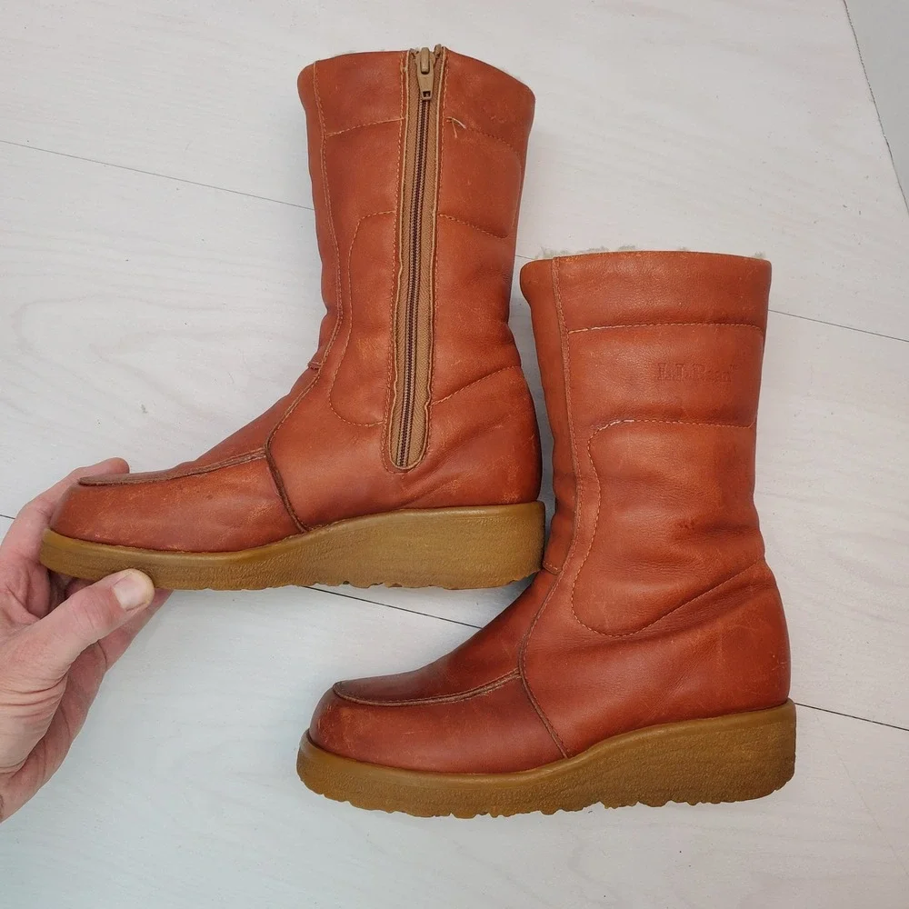 LL Bean Vintage Women 7 Cognac Leather Shearling Lined Winter Boots Canada Made